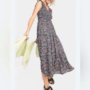 Old Navy Floral Maxi Dress L Navy Boho Tiered Cotton Blend